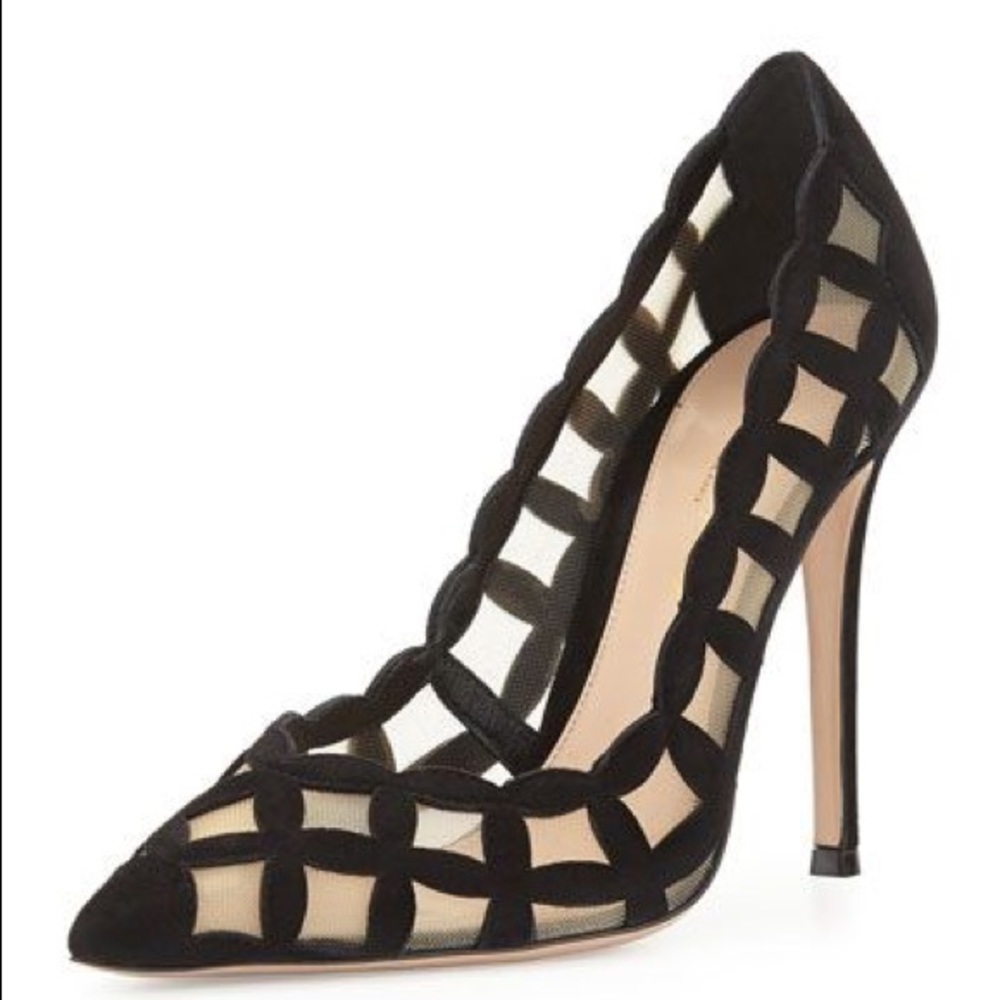 Gianvito Rossi Tulle Suede Leather Cutout Pumps